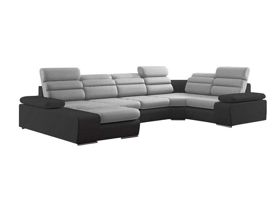 Sofa De Canto | Vente-unique Sofa De Canto Panoramico Modular Em Tecido E Pele Sintetica Bicolor Cinzento Claro E Cinzento Escuro - Canto Esquerdo - Boileau