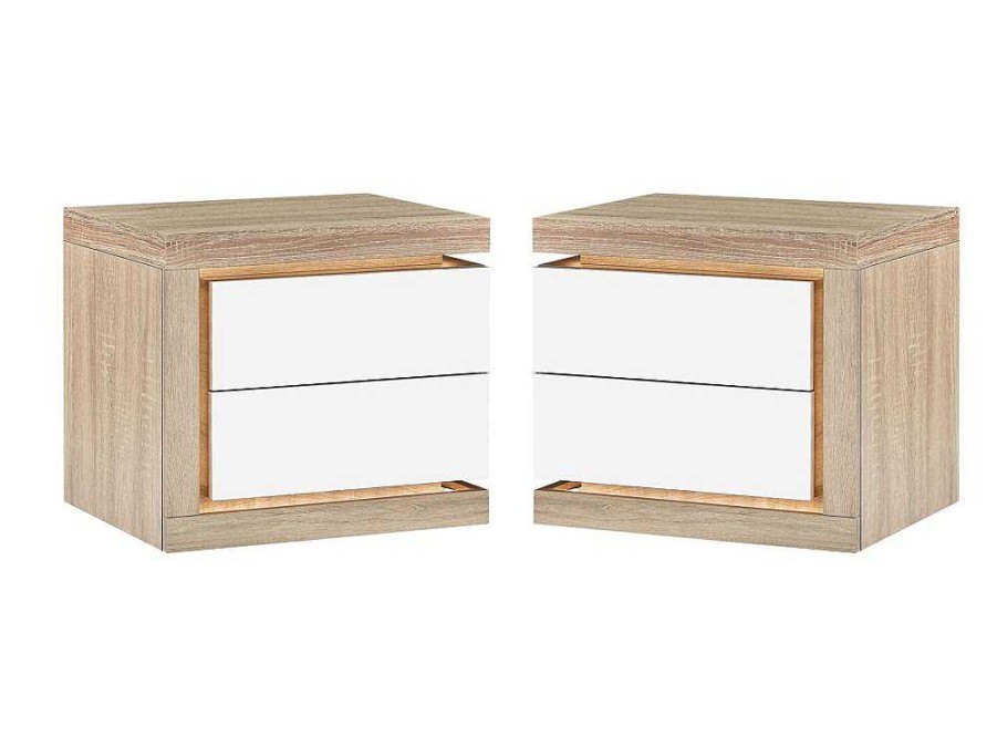 Mesa De Cabeceira | Vente-unique Conjunto De 2 Mesas De Cabeceira Com 2 Gavetas, Com Leds, Lacado A Branco E Natural - Flarancia