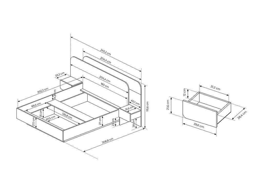 Cama De Adulto | Vente-unique Cama Com Mesas De Cabeceira 160X200 Cm, Com Leds, Cor Natural E Branco - Desado