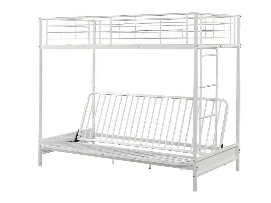 Cama Alta | Vente-unique Cama Alta 90 X 190 Cm Com Banco Convertivel Em Metal Branco, Futon E Colchao - Modulo V