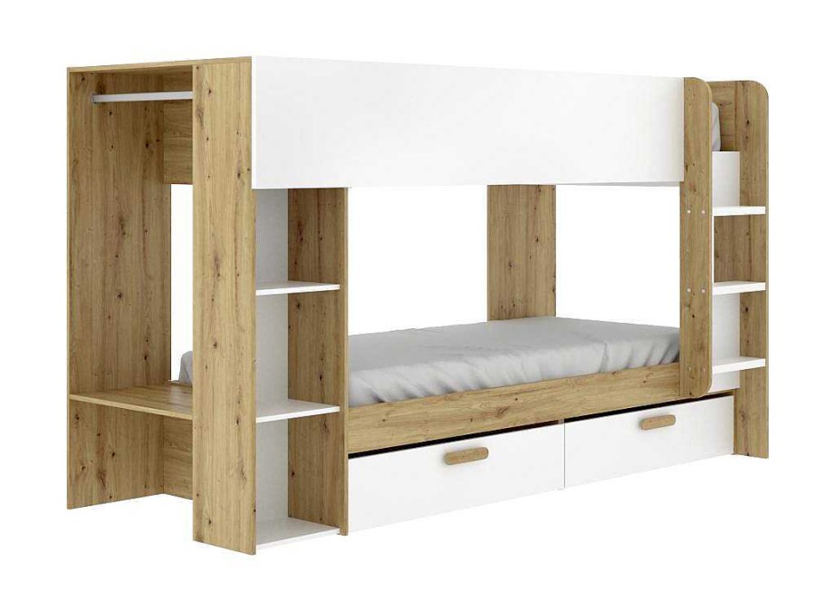 Cama De Crianca | Vente-unique Beliche 2X90X200 Cm Com Espacos De Arrumacao E Barra De Pendurados Branco E Natural - Ozana