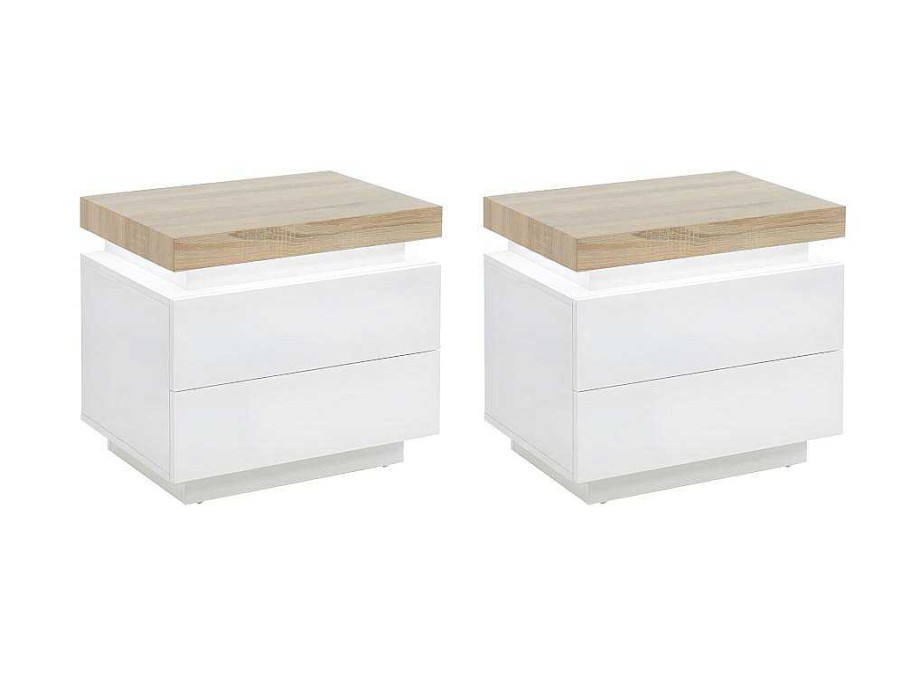 Mesa De Cabeceira | Vente-unique Conjunto De 2 Mesas De Cabeceira Com 2 Gavetas Mdf Lacado, Leds, Cor Branco E Carvalho - Halo Ii