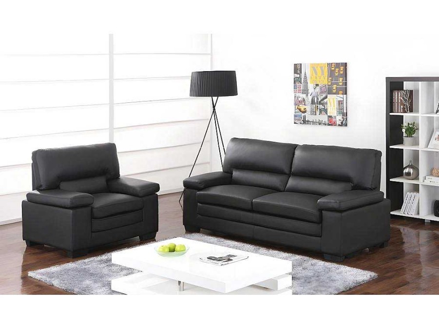 Conjunto Sofa E Poltrona | Vente-unique Sofa 3+1 Lugares Em Pele De Bufalo Preto - Mimas