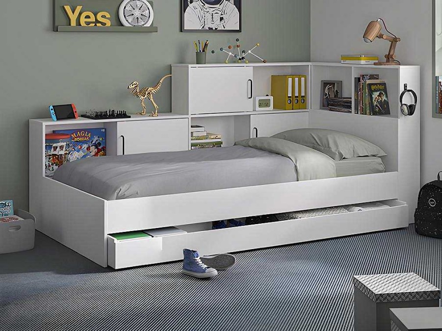 Cama De Adulto | Vente-unique Cama Com Espacos De Arrumacao E Gaveta 90X200 Cm Branco + Sommier + Colchao - Armand