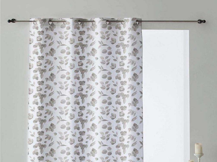 Textil De Casa | Purline Rideau 100% Coton 1 Piece Gris A Feuilles Vertes 200X260