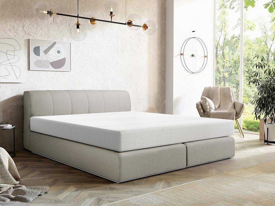 Cama Boxspring, Cama Continental | Ysmée Conjunto Completo Boxspring Cabeceira De Cama + Sommier Com Leds + Colchao 160X200 Cm Tecido Cinza - Otaru De Ysmee