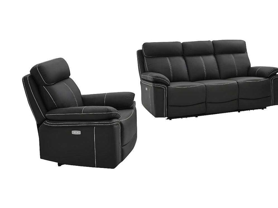 Conjunto Sofa E Poltrona | Vente-unique Sofa De 3+1 Lugares Relax Eletrico Em Pele Preto - Isiris