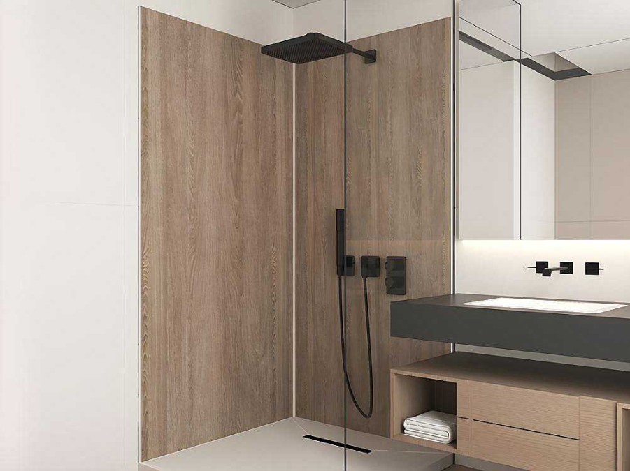 Painel De Parede Para Duche | Shower & Design Conjunto De 2 Paineis De Parede De Duche Efeito De Madeira Aluminio Com Perfis 2 X L90 X A210 Cm - Eneko