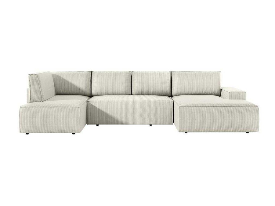 Sofa Panoramico | Vente-unique Sofa De Canto Panoramico Grande Direito Convertivel Veludo Canelado Bege - Amelia