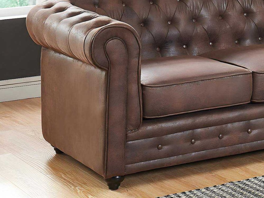 Conjunto Sofa E Poltrona | Vente-unique Sofa De 3 Lugares E Cadeirao Chesterfield Em Microfibra Com Aspeto De Pele Envelhecida