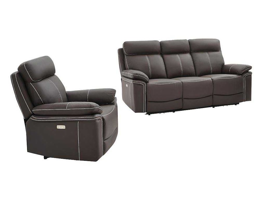 Conjunto Sofa E Poltrona | Vente-unique Sofa De 3+1 Lugares Relax Eletrico Em Pele Marrom - Isiris