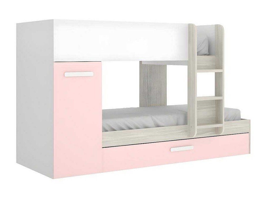 Beliche | Vente-unique Beliche Com Gaveta Cama Dupla E Com Espacos De Arrumacao 3X90X190 Cm Cor Branco, Natural E Rosa + Colchoes - Anthony