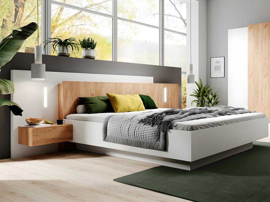 Cama De Adulto | Vente-unique Cama Com Mesas De Cabeceira 160 X 200 Cm, 2 Gavetas, Com Leds, Cor Branco E Natural + Estrado De Ripas - Francoli