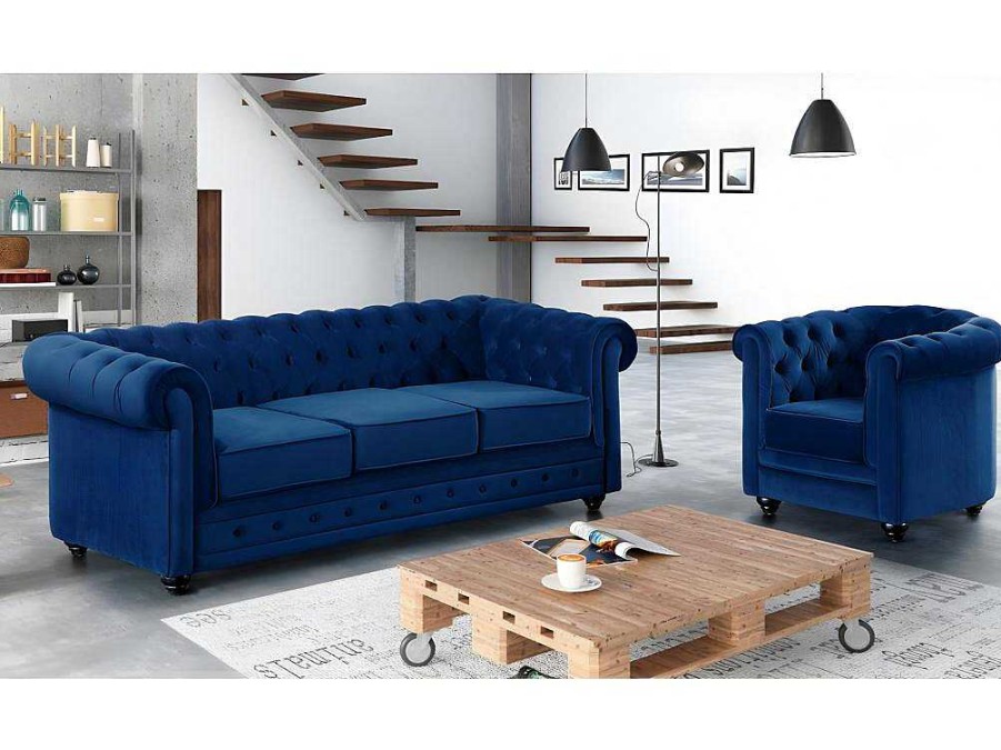 Conjunto Sofa E Poltrona | Vente-unique Sofa De 3 Lugares E Cadeirao Chesterfield - Veludo Azul Real