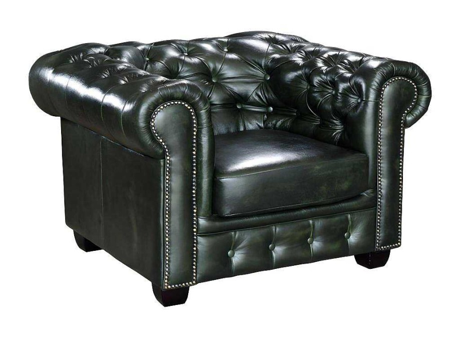 Poltrona Em Pele | LINEA SOFA Cadeirao 100% Pele De Bufalo Verde Imperial Estilo Chesterfield - Brenton