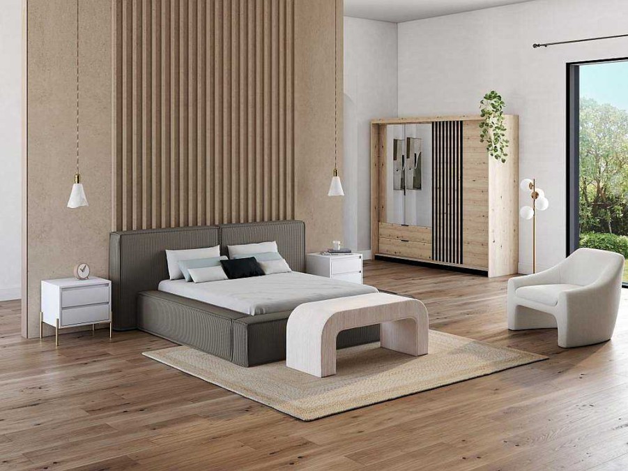 Cama De Adulto | PASCAL MORABITO Cama Com Espaco De Arrumacao 180 X 200 Cm Veludo Canelado Taupe - Timano