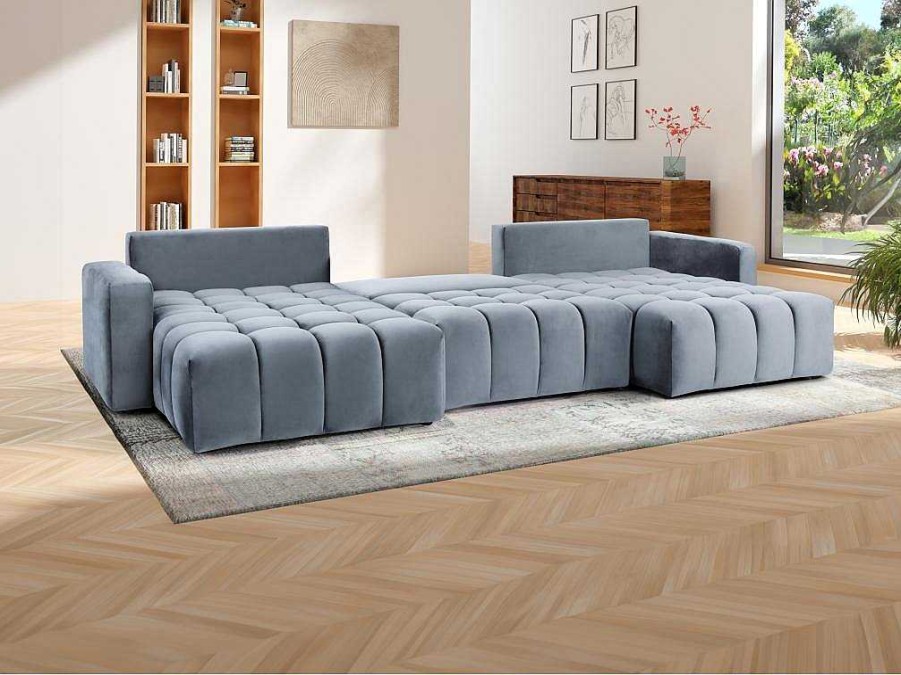 Sofa Panoramico | Vente-unique Sofa De Canto Esquerdo Panoramico Convertivel Veludo Cinza - Esilia Ii