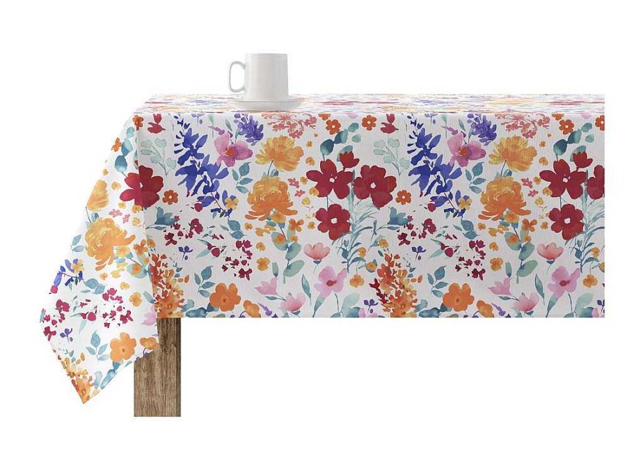 Texteis De Mesa | Purline Nappe Anti-Taches 100% Coton 1 Piece Blanc A Fleurs Vives 200X140