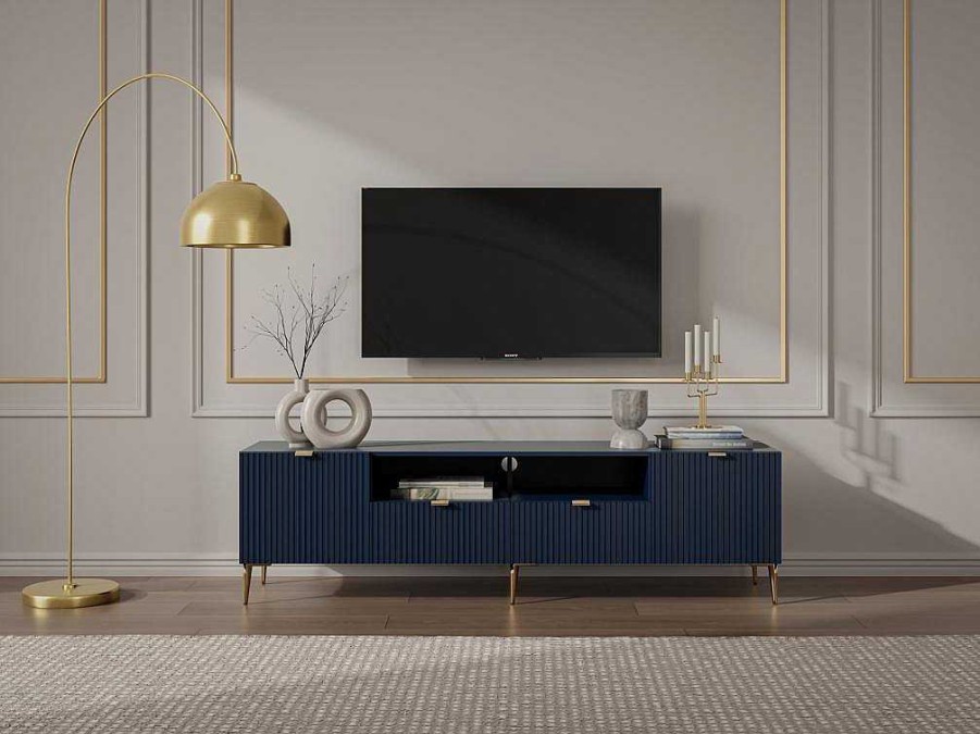 Movel De Tv | Vente-unique Movel De Tv Com 2 Portas, 2 Portas E 2 Nichos Em Mdf E Aco, Azul E Durado - Yesinia