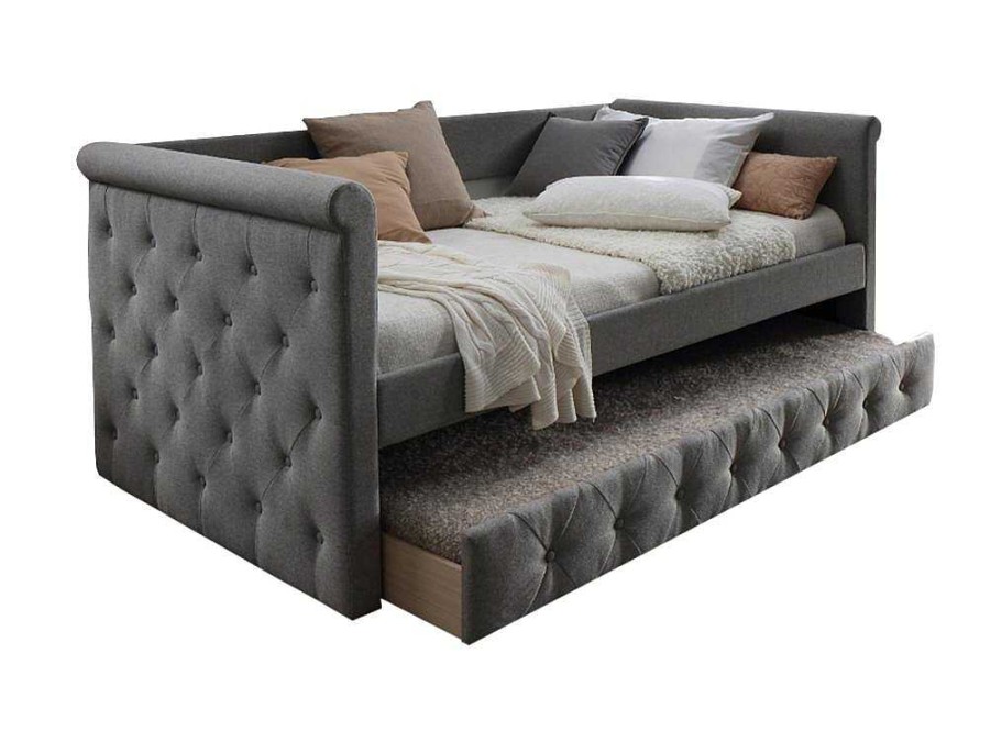 Cama De Crianca | Vente-unique Cama Dupla Alcochoada 2X90X190 Cm Em Tecido Cinza - Louise