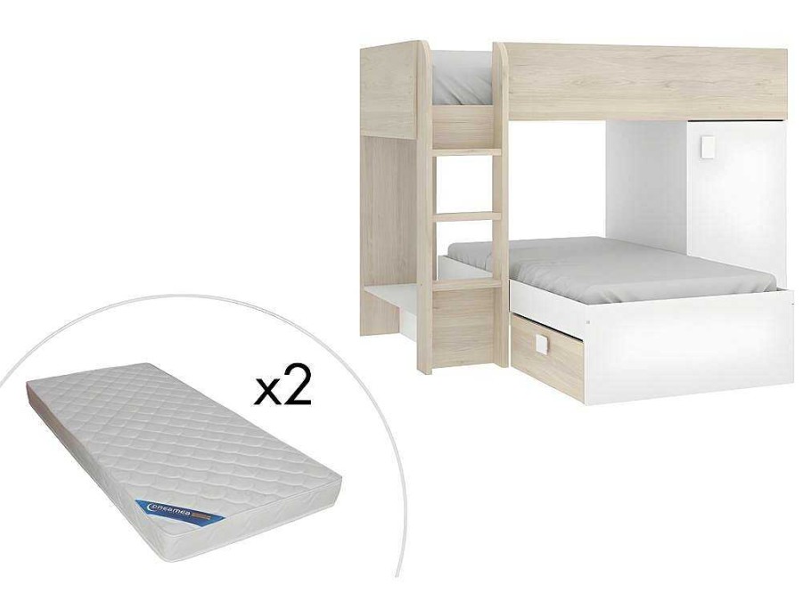 Cama De Crianca | Vente-unique Beliche Reversivel De 2 X 90 X 190 Cm Com Espacos De Arrumacao Integrados Cor Carvalho E Branco + Colchao - Ricardo