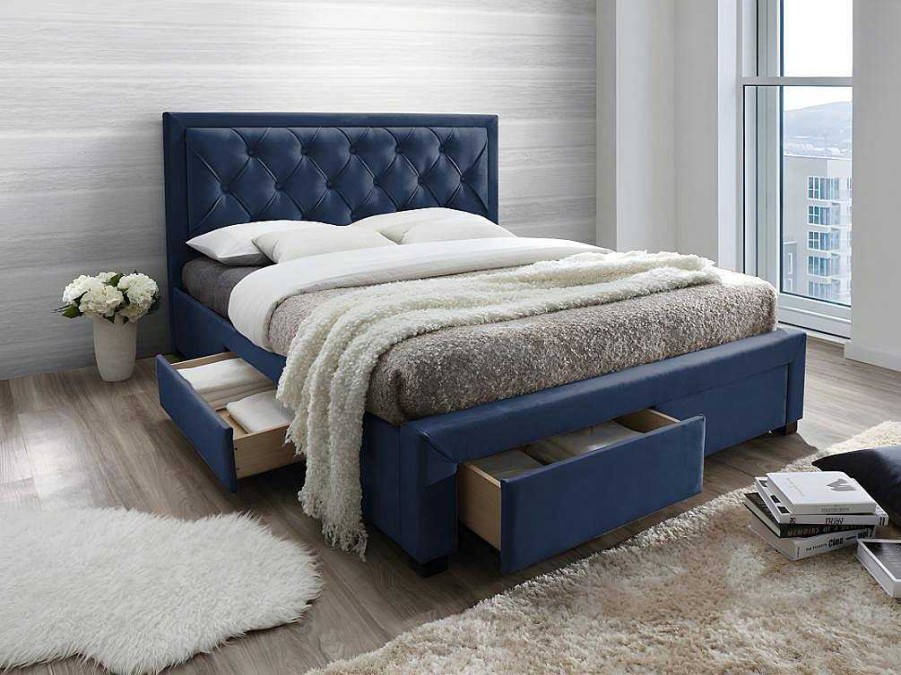 Cama Em Veludo | Vente-unique Cama Com Gavetas 160 X 200 Cm Veludo Azul + Colchao - Leopold