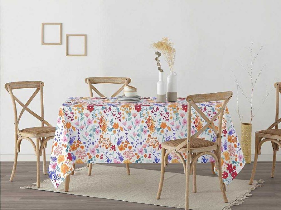 Texteis De Mesa | Purline Nappe Anti-Taches 100% Coton 1 Piece Blanc A Fleurs Vives 140X140