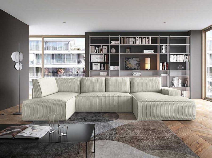 Sofa Panoramico | Vente-unique Sofa De Canto Panoramico Grande Direito Convertivel Veludo Canelado Bege - Amelia