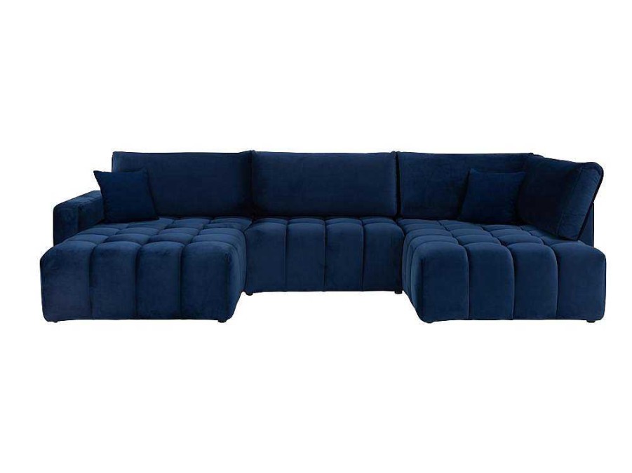 Sofa Panoramico | Vente-unique Sofa De Canto Esquerdo Panoramico Convertivel Veludo Azul-Escuro - Esilia Ii