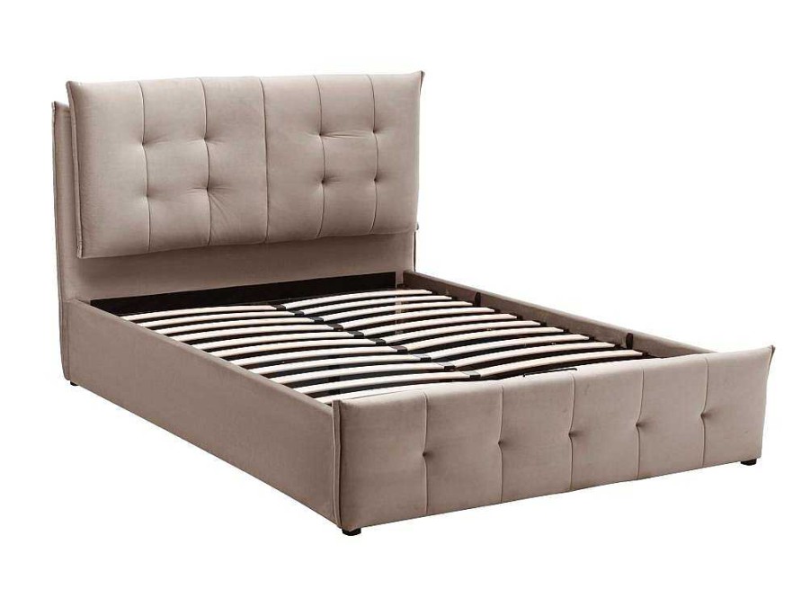 Cama Em Veludo | Vente-unique Cama Com Espaco De Arrumacao 140X200 Cm Veludo Bege - Oleria