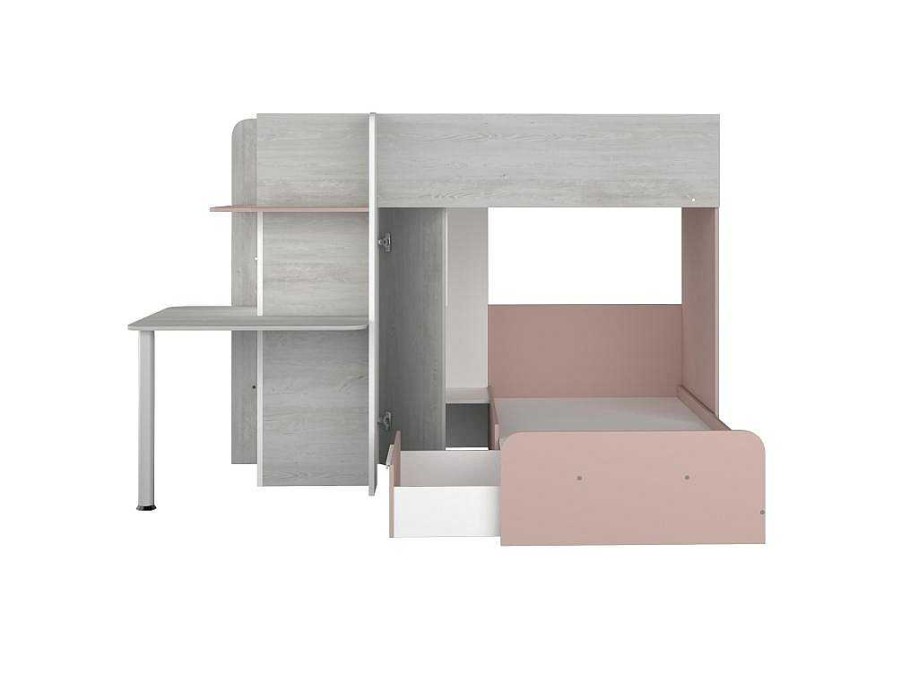 Beliche | Vente-unique Beliche 2 X 90 X 190 Cm, Com Secretaria, Cinzento, Branco E Cor-De-Rosa - Samuel