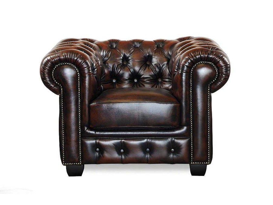 Poltrona Em Pele | LINEA SOFA Cadeirao 100% Pele De Bufalo Castanho Com Reflexos Castanhos Estilo Chesterfield - Brenton