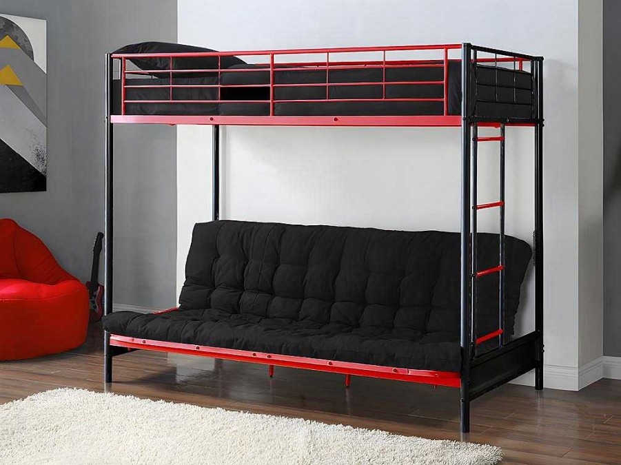 Cama Alta | Vente-unique Cama Mezzanine 90X190 Cm Com Sofa Convertivel Em Metal Preto E Vermelho - Modulo Iv