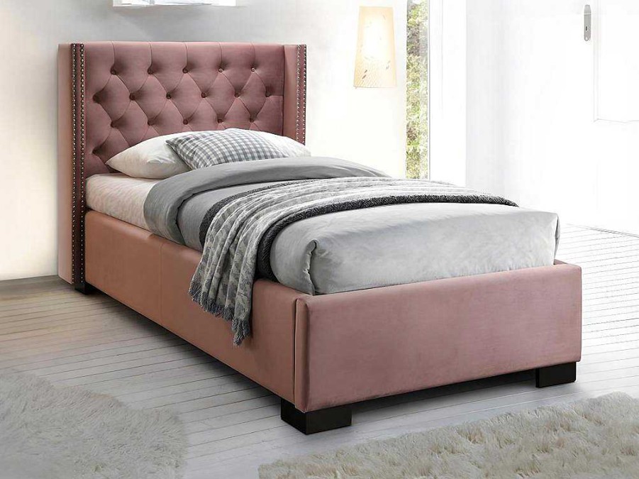 Cama Em Veludo | Vente-unique Cama Cabeceira Acolchoada De 90X200 Cm Em Veludo Cor-De-Rosa - Massimo