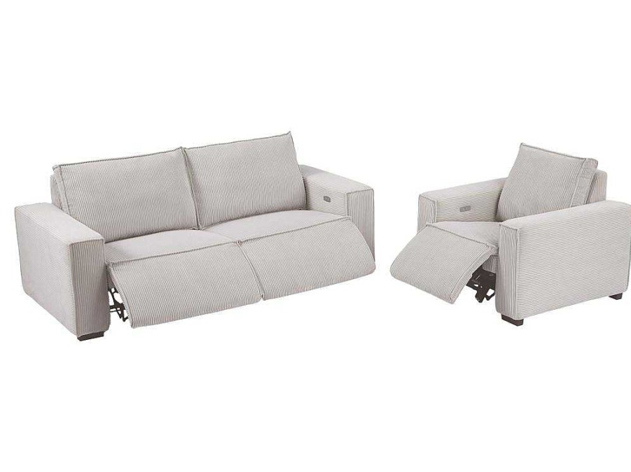 Conjunto Sofa E Poltrona | Vente-unique Sofa De 3 Lugares E Poltrona Em Veludo Canelado Bege - Amelio