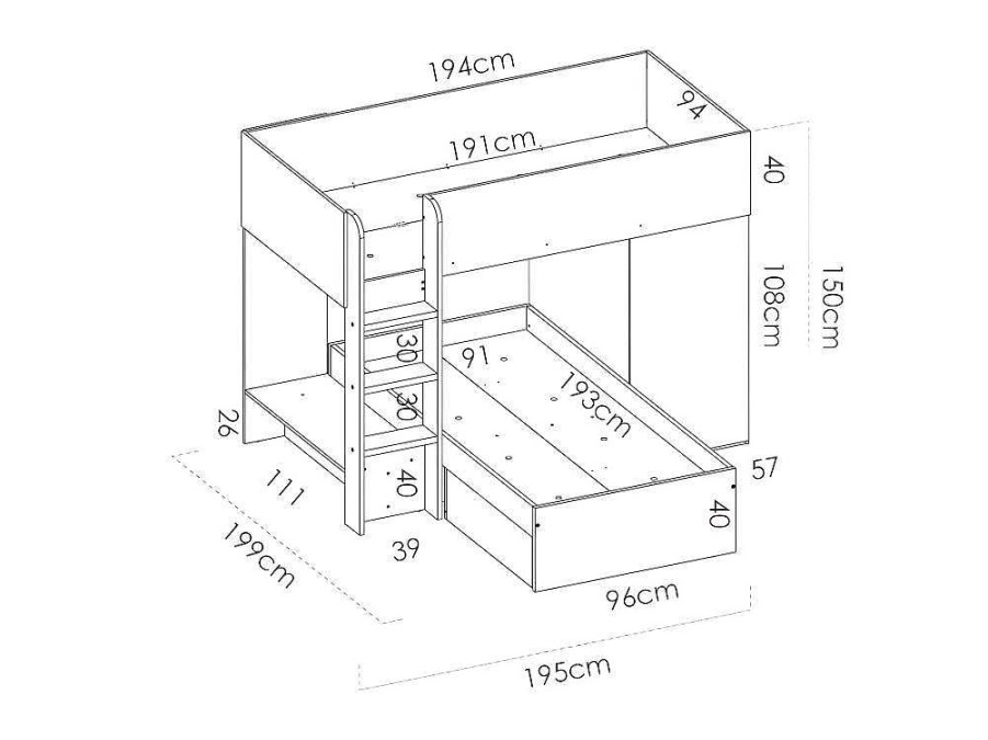 Cama De Crianca | Vente-unique Beliche Reversivel De 2 X 90 X 190 Cm Com Espacos De Arrumacao Integrados Cor Carvalho E Branco - Ricardo