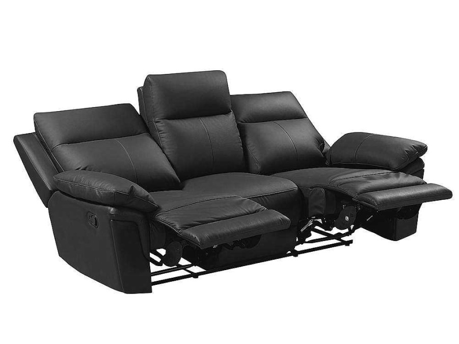 Sofa De Relaxamento Manual | Vente-unique Sofa De 3 Lugares Relax Em Pele De Bufalo Preto - Pakita