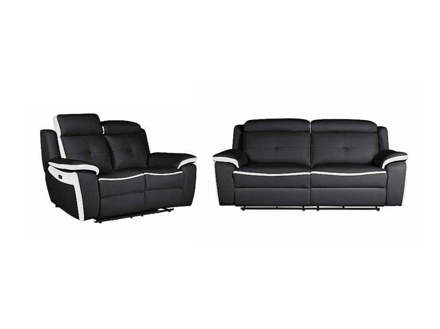 Conjunto De Sofa | Vente-unique Sofa De 3+2 Lugares Relax Eletrico Em Pele Preto E Branco - Angelique