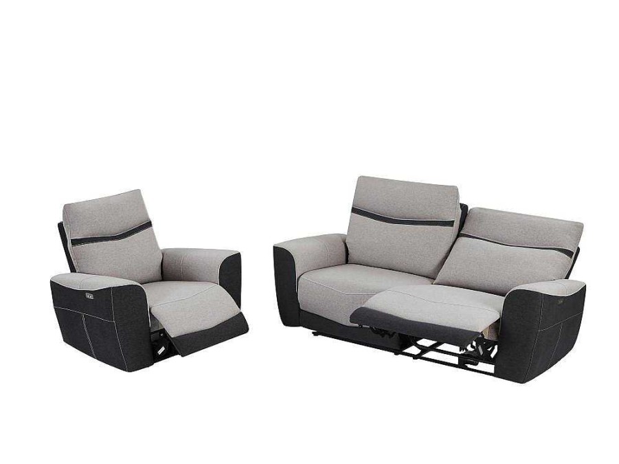 Conjunto Sofa E Poltrona | Vente-unique Sofa De 3 Lugares E Poltrona Articulados Eletricos Em Tecido Cinzento E Antracite - Damon