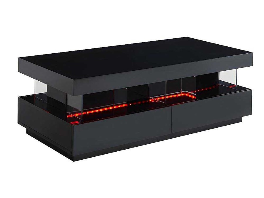 Mesa De Centro | Vente-unique Mesa De Centro - Mdf Lacado Preto - Leds 2 Gavetas & 2 Nichos - Fabio