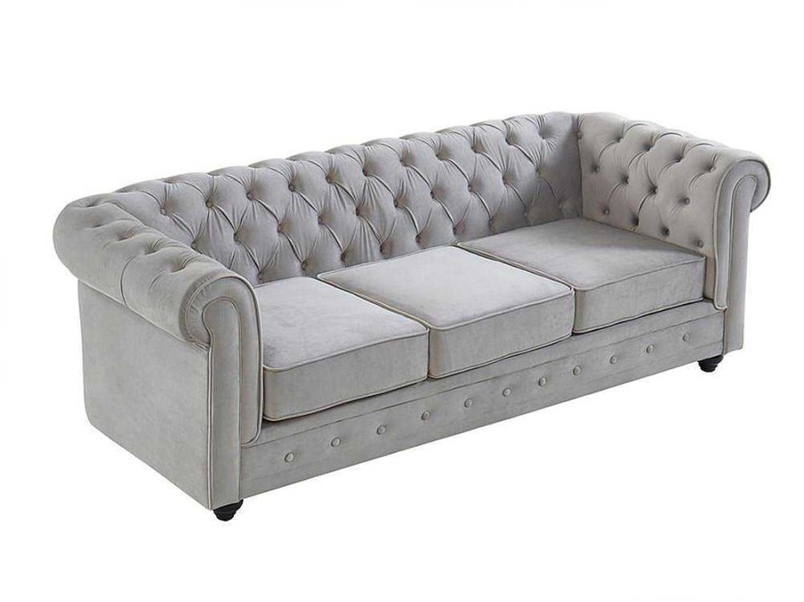 Sofa De 2 Ou 3 Lugares | Vente-unique Sofa De 3 Lugares Chesterfield - Veludo Cinzento Claro