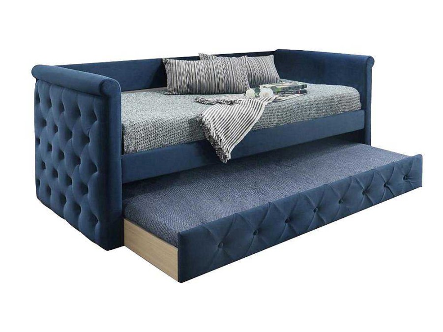 Cama Dupla | Vente-unique Cama Dupla Acolchoada 2X90X190 Cm Em Tecido Azul - Louise