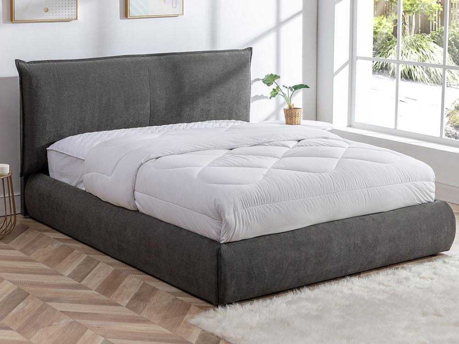 Cama Em Veludo | Vente-unique Cama 160 X 200 Cm Veludo Canelado Antracite + Colchao - Sonetri