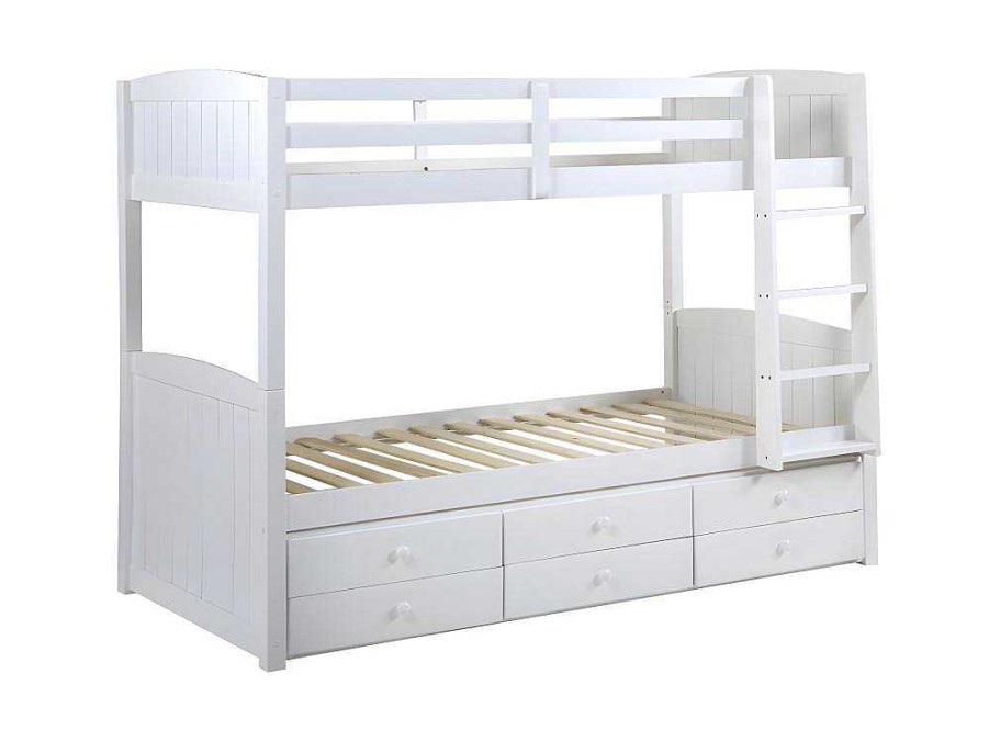 Beliche | Vente-unique Beliche Separavel De 2 X 90 X 190 Cm Com Espacos De Arrumacao Em Pinho Branco + Colchao - Anchise Ii