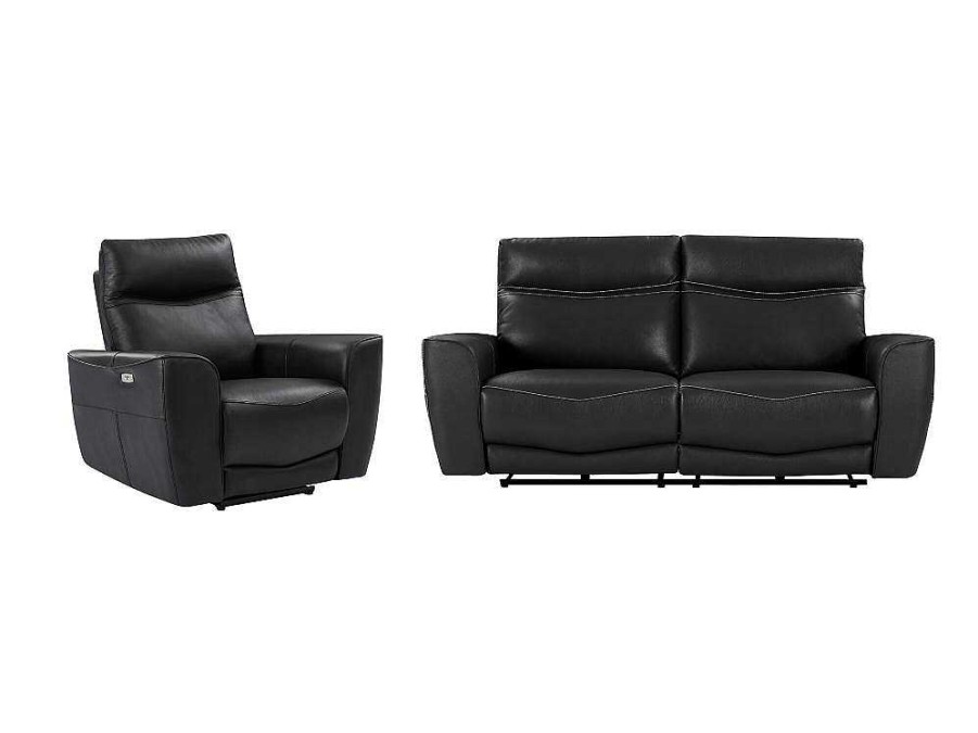 Conjunto Sofa E Poltrona | Vente-unique Sofa De 3 Lugares E Poltrona Articulados Eletricos Em Couro De Vaca Preto - Damon