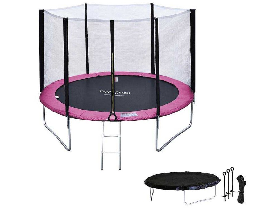 Jogo De Exterior | Happy Garden Pacote Premium Trampolim 305Cm Reversivel Rosa / Cinza Adelaide + Rede, Escada, Cobertura E Kit De Ancoragem