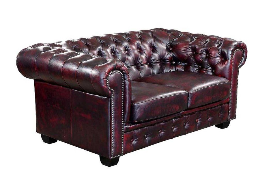 Sofa De 2 Lugares | LINEA SOFA Sofa 2 Lugares 100% Pele De Bufalo Cereja Estilo Chesterfield - Brenton