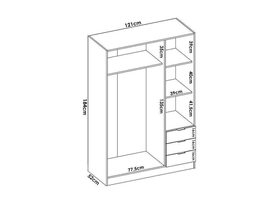 Armario E Roupeiro | Vente-unique Roupeiro 3 Portas E 3 Gavetas C121 Cm Branco - Listowel