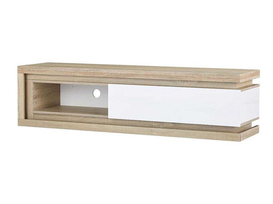 Movel De Tv | Vente-unique Movel De Tv 1 Gaveta E 1 Nicho Com Leds Mdf Natural E Lacado A Branco - Flarancia