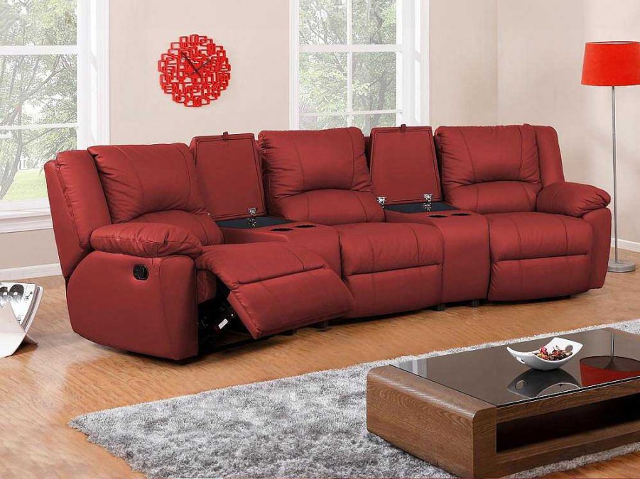 Sofa De Relaxamento Manual | Vente-unique Sofa De 3 Lugares Relax Em Pele Vermelho - Aroma